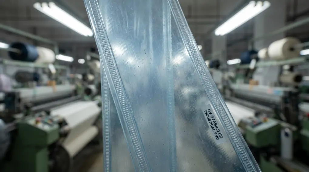 Close-up macro shot of UV-stabilized industrial PVC strip material showing long-term clarity and durability