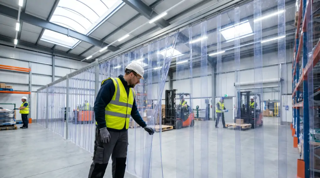 Professional factory worker inspecting crystal clear magnetic PVC strip curtain in modern warehouse with forklift visibility