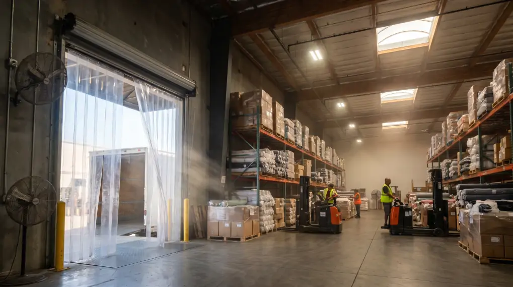 Large warehouse interior with magnetic PVC strip curtains at loading dock for cross-ventilation