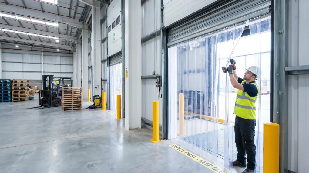 Factory technician installing magnetic vinyl strip curtains in industrial facility