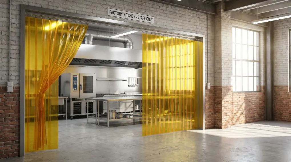 Professional commercial kitchen doorway with yellow anti-insect magnetic PVC strip curtains